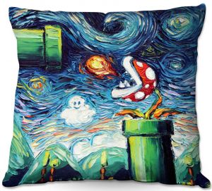 Decorative Outdoor Patio Pillow Cushion | Aja Ann - Van Gogh Super Mario Bros 2 | Artistic Brush Strokes Nintendo brothers pirahna plant fire ball video games old school