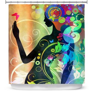 Premium Shower Curtains | Angelina Vick - Wondrous Rainbow 4 | Graphic silhouette abstract leaves butterfly flower