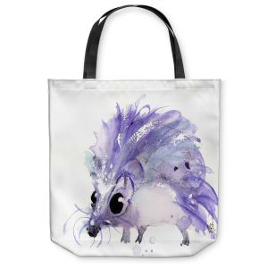 Unique Shoulder Bag Tote Bags | Dawn Derman - Purple Hedgehog | Nature creatures animals small children cute