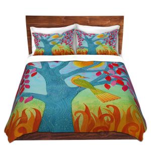 Artistic Duvet Covers and Shams Bedding | Jennifer Baird - Bird In Red Leaf Tree | Trees Nature Birds