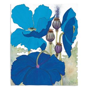 Decorative Fleece Throw Blankets | Judith Figuiere - 3 Blue Poppies | Floral, Flowers
