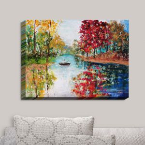 Decorative Canvas Wall Art | Karen Tarlton - Autumn Early Morning Serenity | Nature Boats RIver Trees