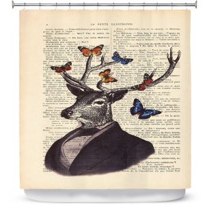 Premium Shower Curtains | Madame Memento - Deer Portrait Butterflies | Stag bust suit words book