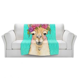 Artistic Sherpa Pile Blankets | Marley Ungaro - Garland Llama Turquoise | watercolor animal