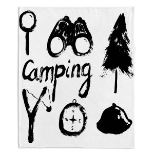 Decorative Fleece Throw Blankets | Metka Hiti - Camping Equipment | Nature outdoors binoculars tree compas sling shot tent magnifying glass text