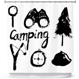 Premium Shower Curtains | Metka Hiti - Camping Equipment | Nature outdoors binoculars tree compas sling shot tent magnifying glass text