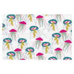 Decorative Floor Covering Mats | Metka Hiti - Jellyfish Green Pink | Sea ocean water creature animal pattern graphic