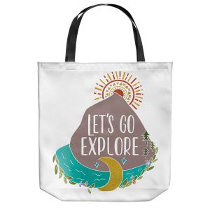 Unique Shoulder Bag Tote Bags | Pom Graphic Design - Lets Go Explore | Nature Mountains Typography Text