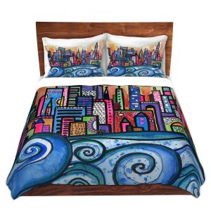 Artistic Duvet Covers and Shams Bedding | Robin Mead - Summer Skyline | Cityscape Ocean Waves Coast