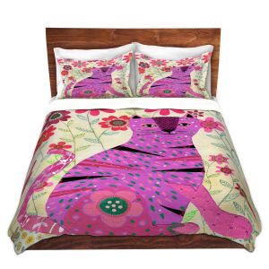 Artistic Duvet Covers and Shams Bedding | Sascalia - Retro Flowers Purple Cat