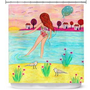 Premium Shower Curtains | Sascalia - Sunset Bay | Childlike Beach Birds Houses