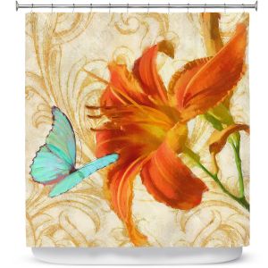 Premium Shower Curtains | Tina Lavoie - Satsuma Day Lily l | Flower Florals Butterfly Vintage