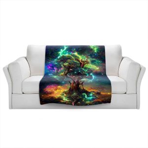 Decorative Fleece Throw Blankets | Wumples - Cosmic Tree of Life | Psychedelic Clouds Trees Rainbow