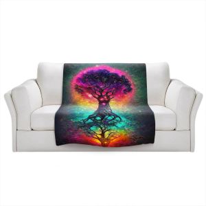 Decorative Fleece Throw Blankets | Wumples - Tree of the Universe | Psychedelic Clouds Trees Rainbow